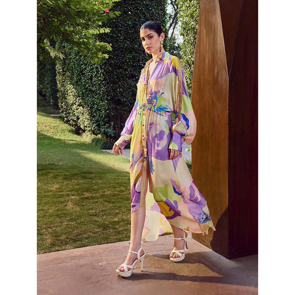 MANDIRA WIRK Multicolor Floral Printed High-Low Shirt Dress