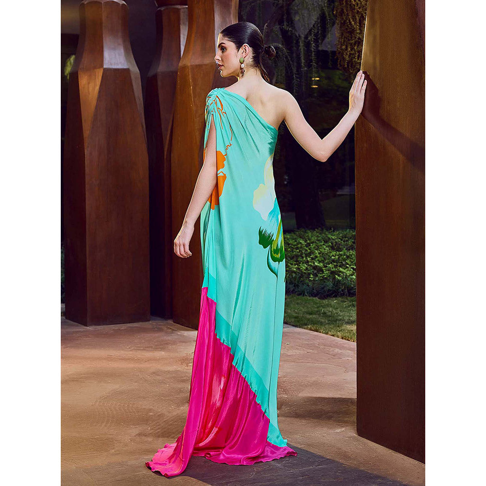 MANDIRA WIRK Multi-Color Placement One-Shoulder Kaftan Dress