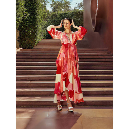 MANDIRA WIRK Scarlet Red Shoulder Cutout Dress