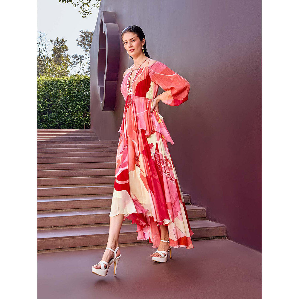 MANDIRA WIRK Scarlet Red Shoulder Cutout Dress