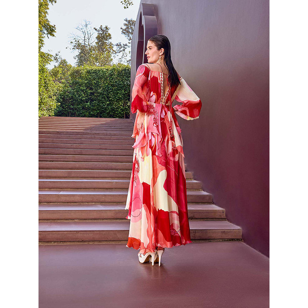 MANDIRA WIRK Scarlet Red Shoulder Cutout Dress