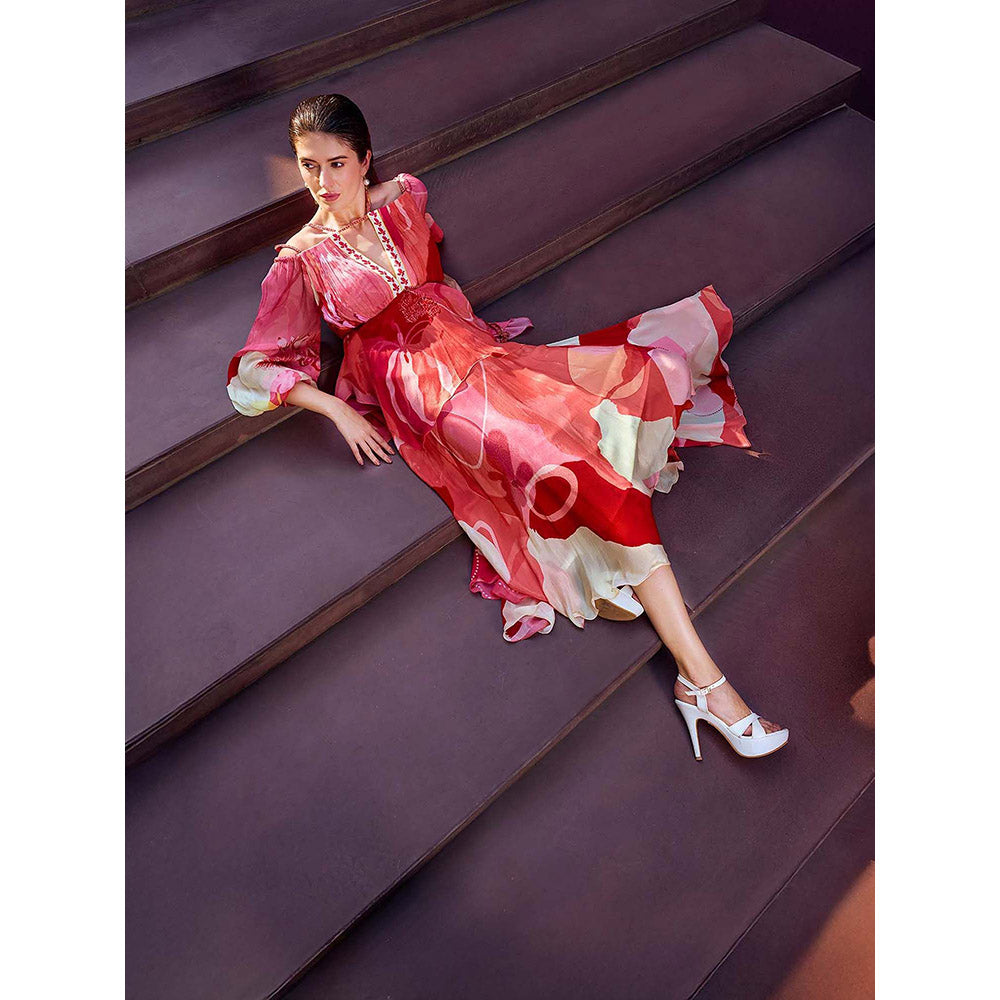 MANDIRA WIRK Scarlet Red Shoulder Cutout Dress