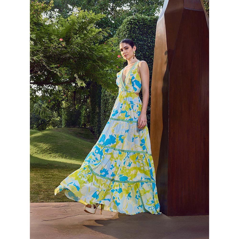 MANDIRA WIRK Printed Plunge Backless Maxi Dress