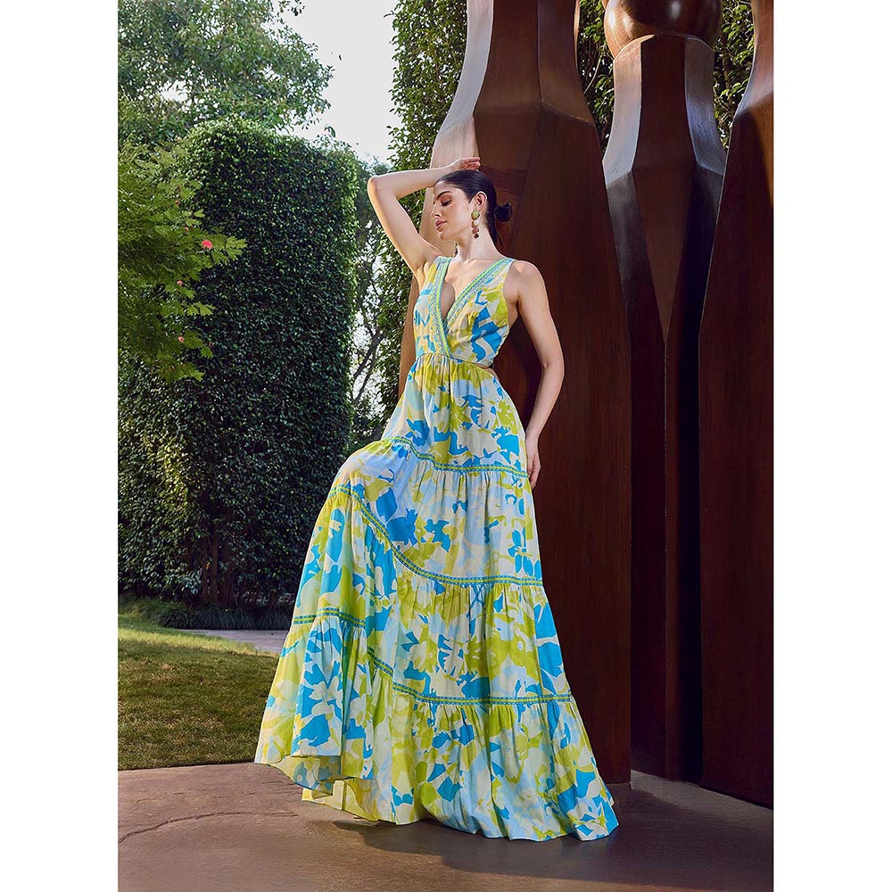 MANDIRA WIRK Printed Plunge Backless Maxi Dress