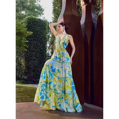 MANDIRA WIRK Printed Plunge Backless Maxi Dress