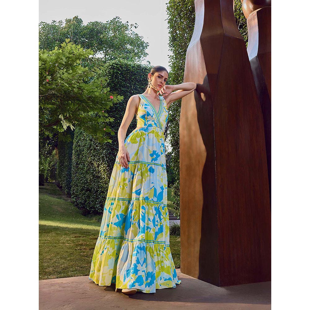 MANDIRA WIRK Printed Plunge Backless Maxi Dress