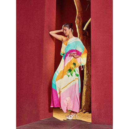 MANDIRA WIRK Multi-Color One-Shoulder Kaftan Dress