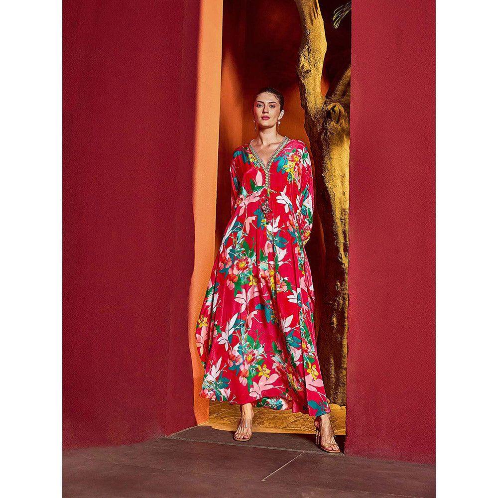MANDIRA WIRK Red Blossom Printed Kaftan Dress