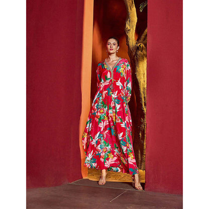 MANDIRA WIRK Red Blossom Printed Kaftan Dress