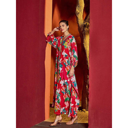 MANDIRA WIRK Red Blossom Printed Kaftan Dress