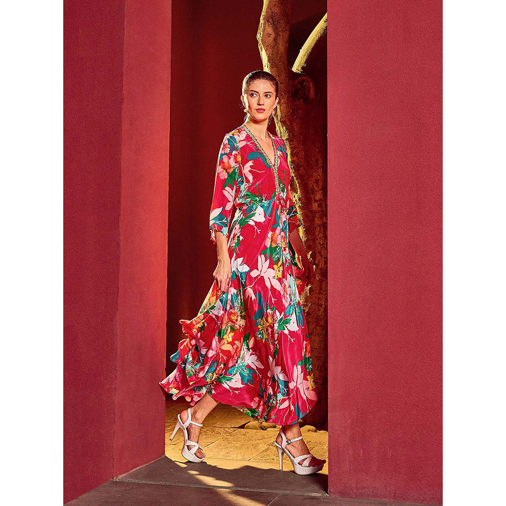 MANDIRA WIRK Pink Scarlet Floral Printed Dress