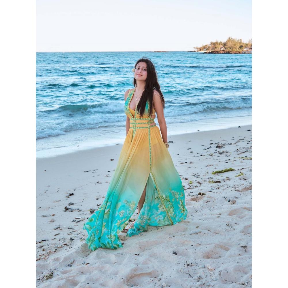 MANDIRA WIRK Yellow Vacay Floral Print Dress