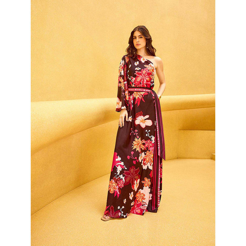 MANDIRA WIRK Maroon Cameo Floral One-Shoulder Dress (Set of 2)