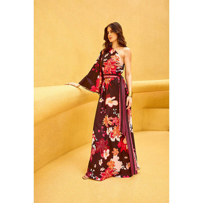 MANDIRA WIRK Maroon Cameo Floral One-Shoulder Dress (Set of 2)
