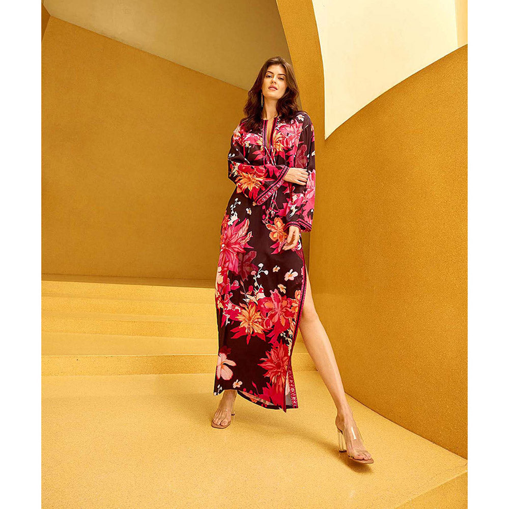 MANDIRA WIRK Maroon Cameo Floral Print Dress