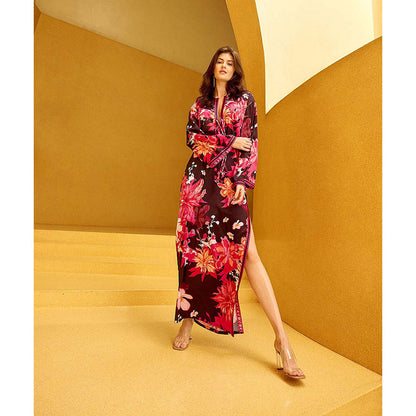 MANDIRA WIRK Maroon Cameo Floral Print Dress