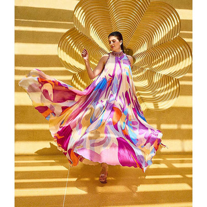 MANDIRA WIRK Purple Abstract Print Geo Dress