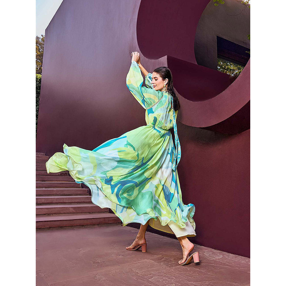 MANDIRA WIRK Green Abstract Print Geo Dress