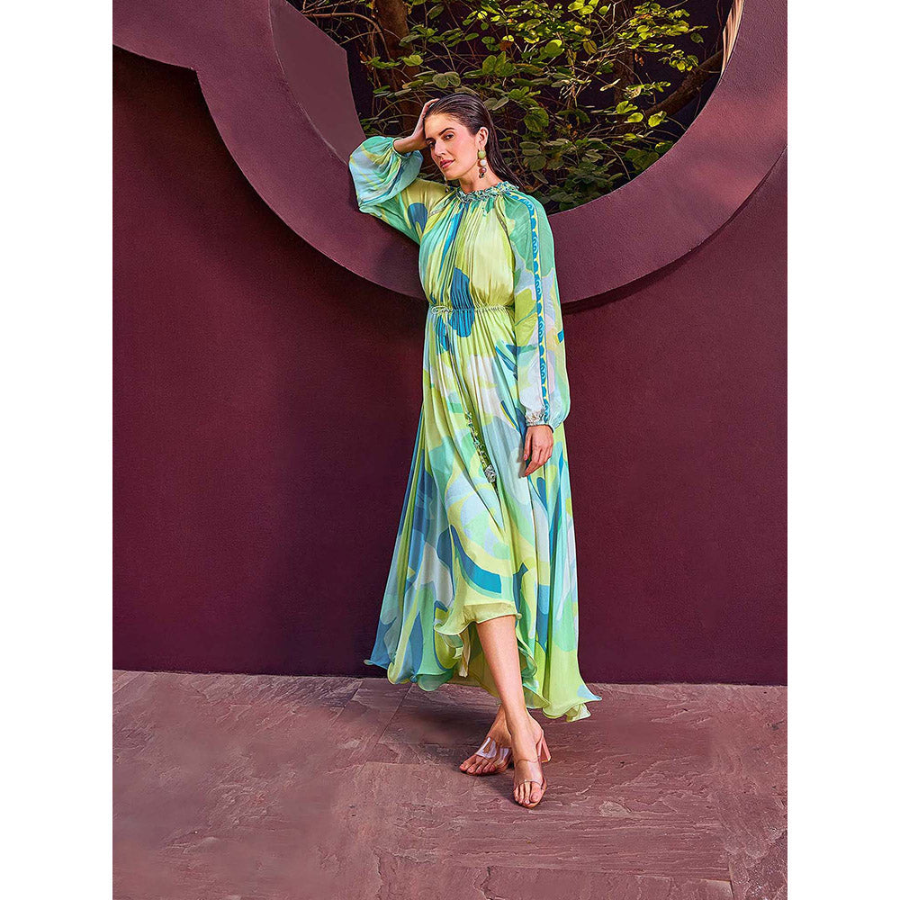 MANDIRA WIRK Green Abstract Print Geo Dress