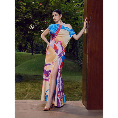 MANDIRA WIRK Blue Modern Abstract One Shoulder Dress