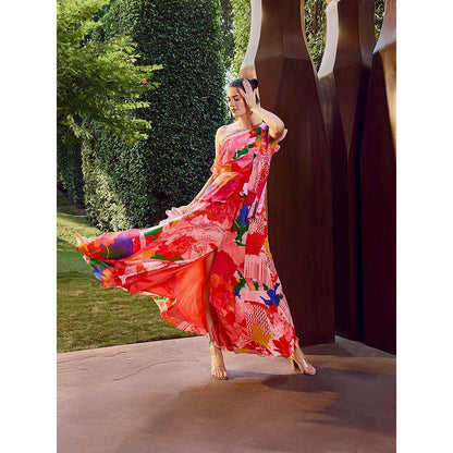 MANDIRA WIRK Red Floral Ruffle Maxi Dress