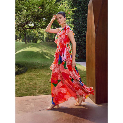 MANDIRA WIRK Red Floral Ruffle Maxi Dress