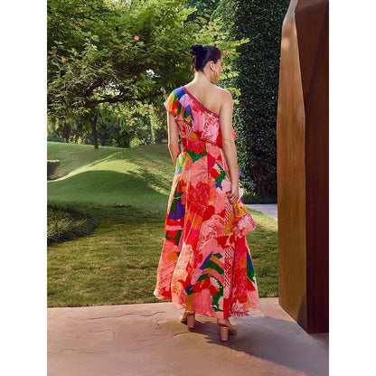 MANDIRA WIRK Red Floral Ruffle Maxi Dress