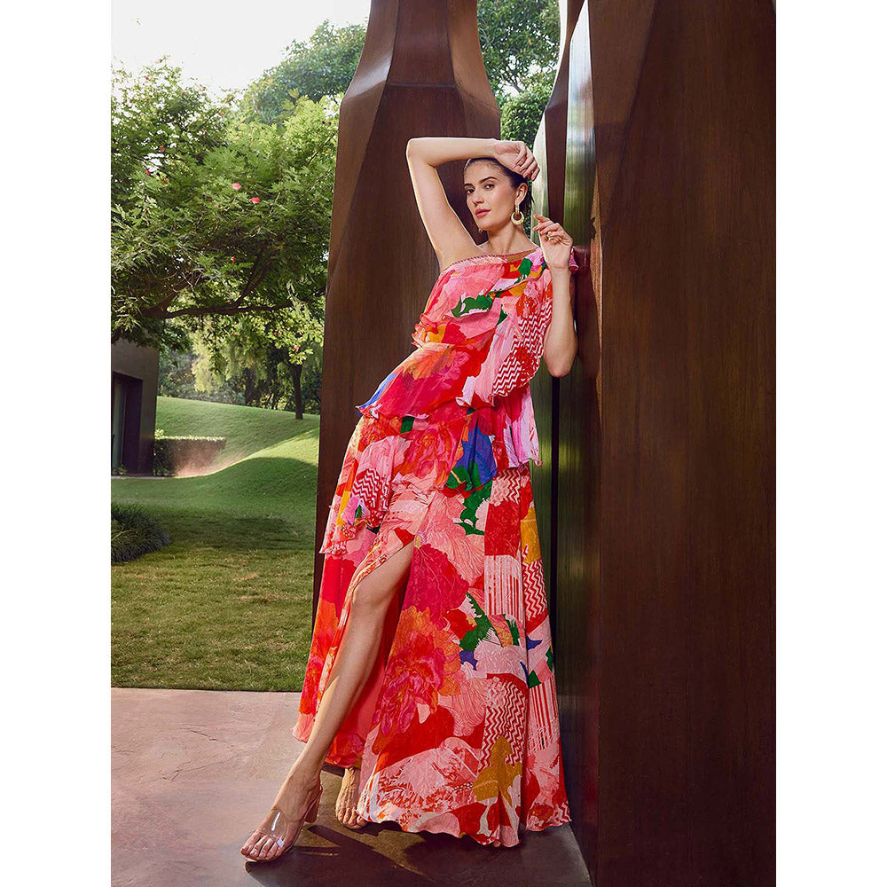 MANDIRA WIRK Red Floral Ruffle Maxi Dress