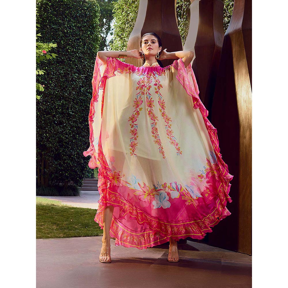 MANDIRA WIRK Multicolor Floral Placement Ruffle Kaftan Dress with Slip (Set of 2)