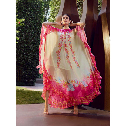 MANDIRA WIRK Multicolor Floral Placement Ruffle Kaftan Dress with Slip (Set of 2)