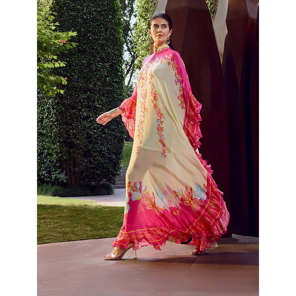 MANDIRA WIRK Multicolor Floral Placement Ruffle Kaftan Dress with Slip (Set of 2)