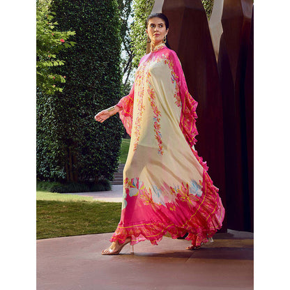 MANDIRA WIRK Multicolor Floral Placement Ruffle Kaftan Dress with Slip (Set of 2)