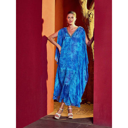 MANDIRA WIRK Blue Mixed Leaf Printed Dress