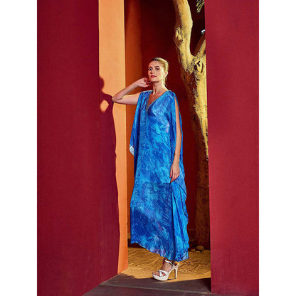 MANDIRA WIRK Blue Mixed Leaf Printed Dress