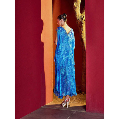 MANDIRA WIRK Blue Mixed Leaf Printed Dress