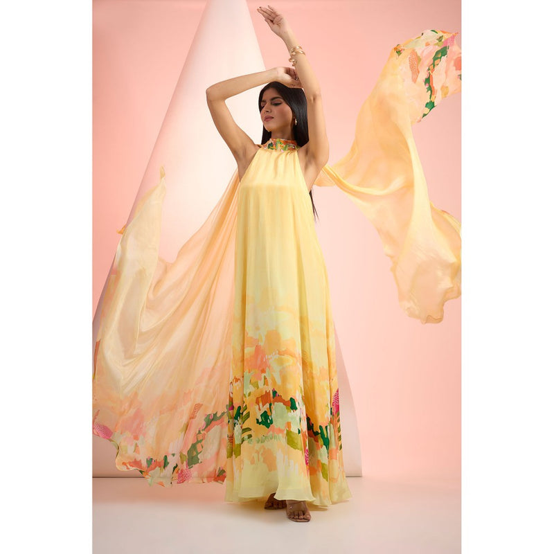 MANDIRA WIRK Yellow Printed Maxi Dress