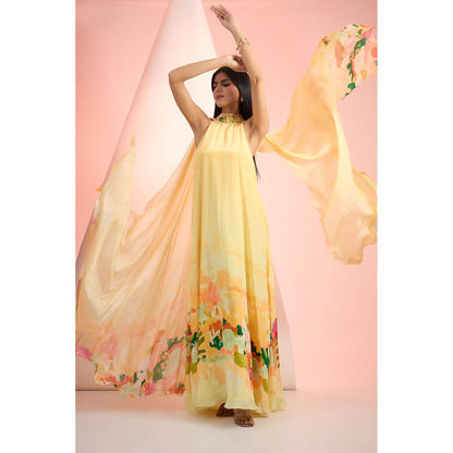 MANDIRA WIRK Yellow Printed Maxi Dress