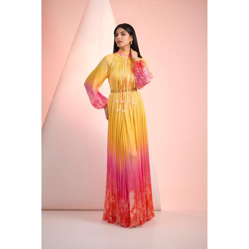 MANDIRA WIRK Yellow Printed Maxi Dress with Belt (Set of 2)