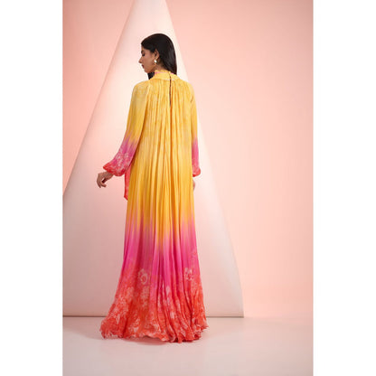 MANDIRA WIRK Yellow Printed Maxi Dress with Belt (Set of 2)