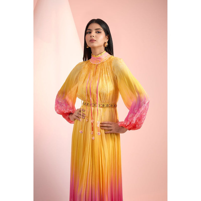 MANDIRA WIRK Yellow Printed Maxi Dress with Belt (Set of 2)