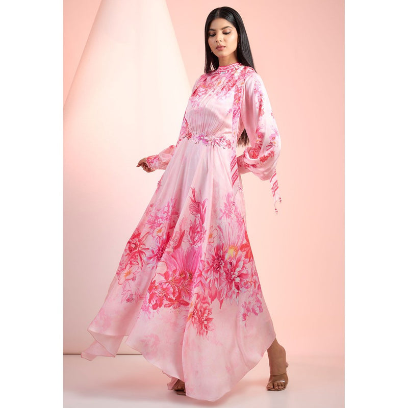 MANDIRA WIRK Pink Printed Maxi Dress with Belt (Set of 2)