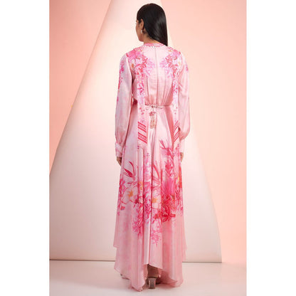 MANDIRA WIRK Pink Printed Maxi Dress with Belt (Set of 2)