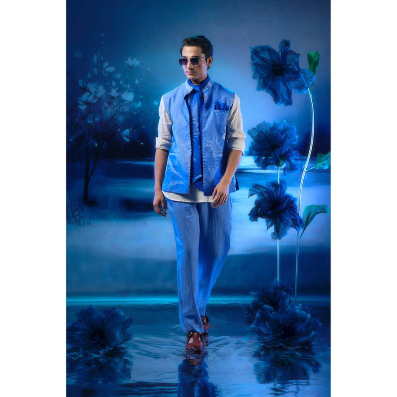 MANDIRA WIRK Blue Printed Jacket with Short Kurta and Pant