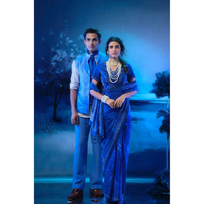 MANDIRA WIRK Blue Printed Jacket with Short Kurta and Pant