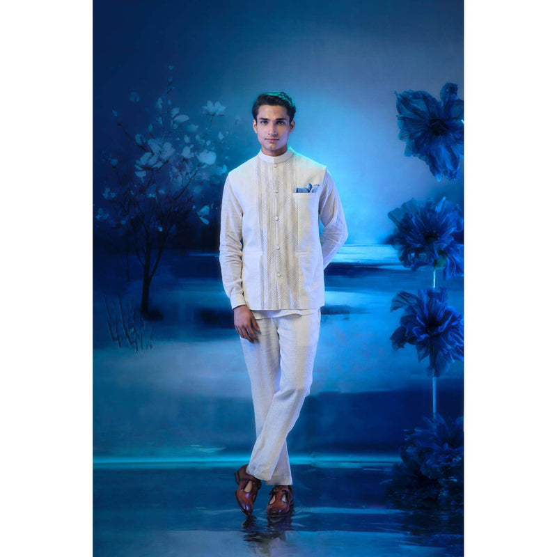 MANDIRA WIRK Ivory Pintuck Nehru Jacket with Short Kurta and Pant