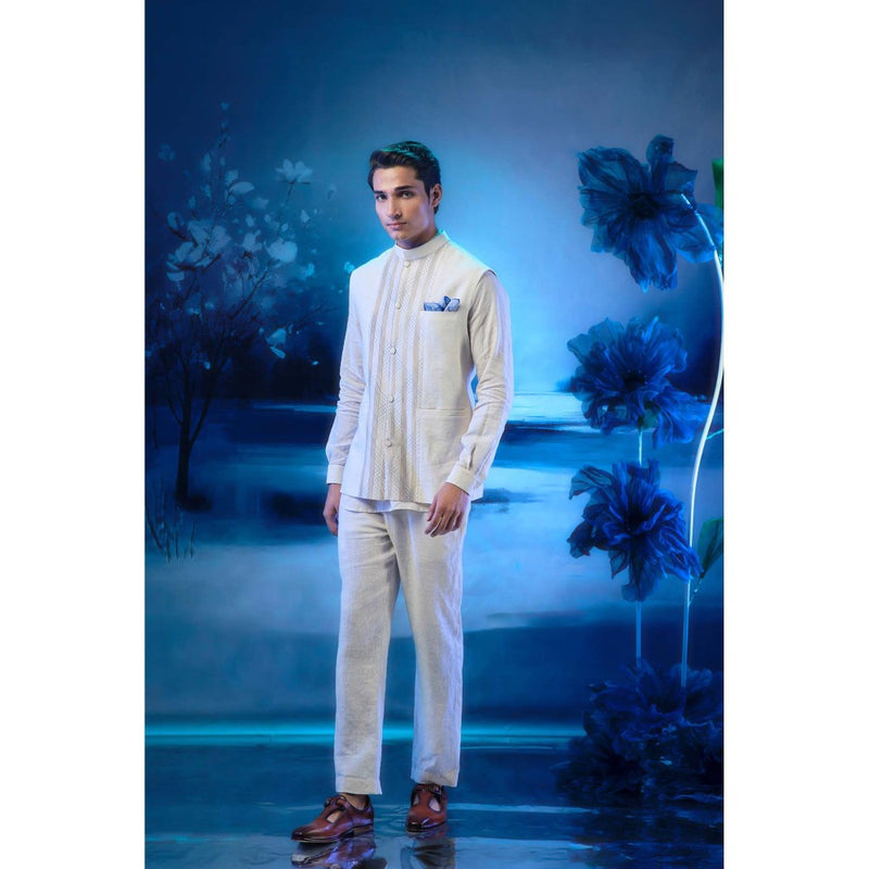 MANDIRA WIRK Ivory Pintuck Nehru Jacket with Short Kurta and Pant