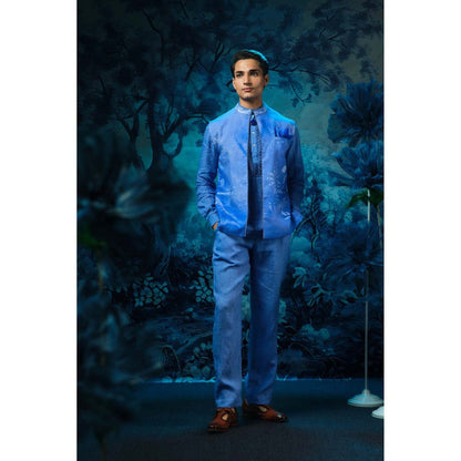 MANDIRA WIRK Blue Printed Jacket with Short Kurta and Pant
