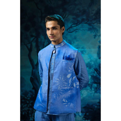 MANDIRA WIRK Blue Printed Jacket with Short Kurta and Pant