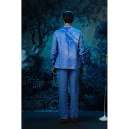 MANDIRA WIRK Blue Printed Jacket with Short Kurta and Pant
