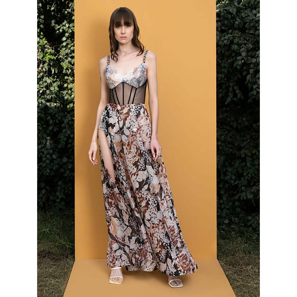 MANDIRA WIRK Black Rose Printed Sequins Romper Maxi Dress
